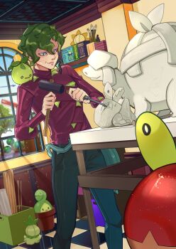1boy appletun applin black_pants book book_stack brassius_(pokemon) bright_pupils budew chisel closed_mouth commentary english_commentary gen_2_pokemon gen_4_pokemon gen_5_pokemon gen_8_pokemon green_hair grey_eyes highres holding holding_chisel holding_mallet indoors leunkon male_focus mallet mature_male nintendo paintbrush pants petilil pokemon pokemon_(creature) pokemon_sv red_shirt sculpture shirt smile smoliv sparkle statue sudowoodo white_pupils window