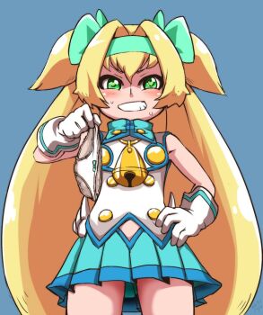 Rule 34 | 1girl, bell, blazblue, blonde hair, blush, clenched teeth, gloves, green eyes, heart, heart-shaped pupils, holding, holding unworn clothes, holding panties, holding underwear, holding unworn clothes, long hair, looking at viewer, muchourin, panties, platinum the trinity, quad tails, simple background, skirt, smile, solo, sweat, symbol-shaped pupils, teeth, underwear, very long hair, white gloves, yuuya (blue scarab)