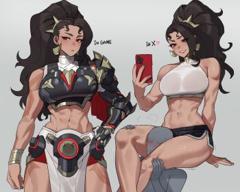 1girl 1other abs absurdres arm_armor armor bare_legs bare_shoulders big_hair black_hair black_shorts blush body_markings bracelet breastplate breasts cellphone commentary curtained_hair dark-skinned_female dark_skin earrings english_commentary english_text gauntlets gold_bracer grey_background hair_ornament hand_on_own_hip head_between_thighs highres holding holding_phone jewelry large_breasts long_hair looking_at_phone looking_at_viewer midriff multiple_views navel overwatch parted_bangs pelvic_curtain phone ponytail ratatatat74 red_eyes shirt short_shorts shorts shoulder_armor simple_background single_bare_shoulder single_gauntlet sitting sleeveless sleeveless_shirt smartphone smile solo_focus spiked_hair_ornament stomach thighs toned toned_female vendetta_(overwatch) white_shirt