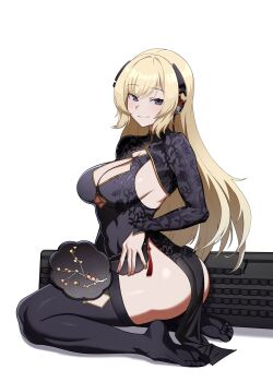 1girl absurdres ass black_dress black_thighhighs blonde_hair breasts cero_(last2stage) china_dress chinese_clothes cleavage cleavage_cutout closed_mouth clothing_cutout commentary dress english_commentary g3_(girls'_frontline) g3_(mod3)_(girls'_frontline) girls'_frontline gold_trim hand_fan headgear highres holding holding_fan long_hair long_sleeves looking_at_viewer looking_to_the_side medium_breasts no_panties no_shoes pelvic_curtain purple_eyes seiza simple_background sitting smile soles solo thighhighs white_background