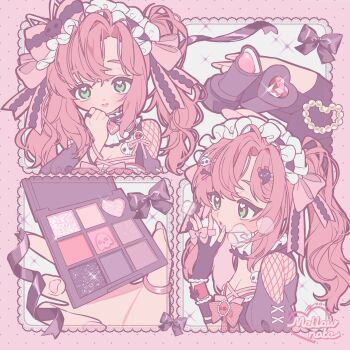 1girl :o bow breasts choker cleavage closed_mouth commission cosmetics fingernails fishnets frilled_choker frills green_eyes hair_ornament headdress highres holding holding_lipstick_tube jewelry lips lipstick lipstick_tube long_hair looking_at_viewer makeup medium_breasts mellownote multiple_views nail_polish original parted_bangs pink_bow pink_lips pink_nails pink_theme ribbon ring rouge_(makeup) skeb_commission sparkle square upper_body