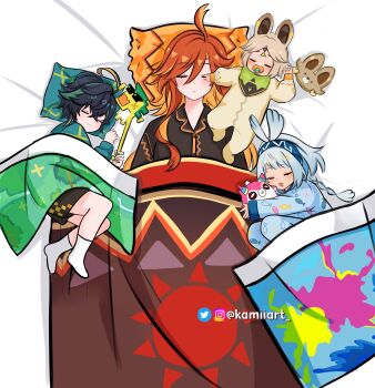 1boy 3girls aged_down ajaw_(genshin_impact) animal_ears artist_name bed black_hair blanket blue_hair brown_hair closed_eyes closed_mouth dragon fish genshin_impact green_hair highres instagram_logo instagram_username kachina_(genshin_impact) kamiiart kinich_(genshin_impact) long_hair lying mavuika_(genshin_impact) mualani_(genshin_impact) multicolored_hair multiple_girls on_back on_bed on_side open_mouth orange_hair pacifier pajamas pika_(animal) pika_ears pika_girl pillow puffer_fish pulling_tail twitter_logo twitter_username very_long_hair
