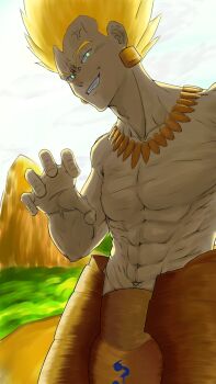 1boy abs aqua_eyes armor backlighting bare_pectorals blonde_hair claw_pose cloud cloudy_sky collarbone crossover dragon_ball dragonball_z earrings evil_smile fate/grand_order fate_(series) faulds fusion gilgamesh_(fate) gold gold_armor gold_earrings gold_necklace grass highres jewelry kahoi looking_at_viewer mountain muscular muscular_male navel necklace no_nipples outdoors pectorals skinny sky smile solo spiked_hair super_saiyan topless_male upper_body vegeta veins veiny_face widow's_peak