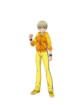 Rule 34 | 1girl, artist request, blonde hair, clenched hands, closed mouth, commentary request, full body, green eyes, hood, hood down, hoodie, huang pao-lin, jacket, long sleeves, official art, orange jacket, pants, second-party source, shoes, short hair, sleeveless, sleeveless jacket, smile, solo, standing, tachi-e, tiger &amp; bunny, transparent background, very short hair, yellow hoodie, yellow pants, yellow shoes