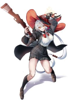 1girl blue_archive bow bowtie diagonal-striped_bow diagonal-striped_bowtie diagonal-striped_clothes eri_(blue_archive) full_body halo hat havi highres red_bow red_bowtie side_halo simple_background solo striped_bow striped_bowtie striped_clothes tilted_halo two-sided_fabric two-sided_headwear white_background witch_hat yellow_halo