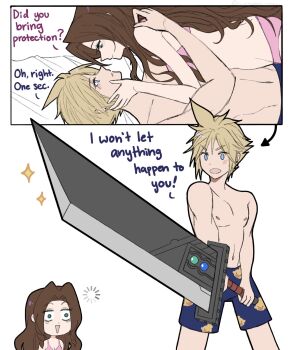 1boy 1girl aerith_gainsborough animal_print arm_around_shoulder bird_print blonde_hair blue_eyes bra breasts brown_hair buster_sword chocobo cleavage cloud_strife couple cowboy_shot english_text fighting_stance final_fantasy final_fantasy_vii furrowed_brow girl_on_top green_eyes hand_on_another's_cheek hand_on_another's_face hetero highres holding holding_sword holding_weapon hu_manbee_ing light_blush light_smile loading_icon long_hair looking_at_another male_underwear materia medium_breasts midriff open_mouth panties parted_bangs pink_bra pink_panties print_male_underwear short_hair sparkle sword topless_male underwear weapon white_background wide-eyed