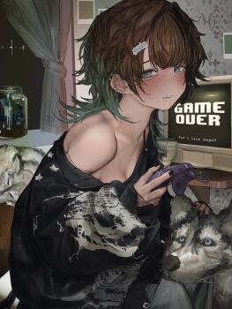 1girl absurdres aegyo_sal animal_ears bare_shoulders black_sweater blue_eyes blue_hair breasts brown_hair cleavage commentary_request controller crying crying_with_eyes_open cup curtains ear_piercing earrings gaku game_controller game_over gradient_hair hair_ornament highres holding holding_controller holding_game_controller indoors jar jewelry looking_at_viewer medium_breasts mole mole_under_mouth multicolored_hair off_shoulder original photo_(object) piercing solo sweat sweater tears wolf_ears