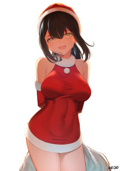 1girl 9nojo :d absurdres arms_behind_back blush breasts brown_hair covered_navel cowboy_shot dress elbow_gloves female_focus fur-trimmed_dress fur_trim gloves hat head_tilt highres impossible_clothes impossible_dress large_breasts long_hair open_mouth original ponytail red_dress red_gloves sack santa_costume santa_hat short_dress sidelocks signature simple_background sleeveless sleeveless_dress smile solo thighs white_background yellow_eyes