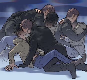 Rule 34 | 2boys, arm support, bandaged hand, bandages, beard stubble, belt, black belt, black coat, black footwear, black gloves, black shirt, blonde hair, blue pants, brown footwear, brown hair, chris redfield, clenched teeth, coat, collared coat, couple, denim, ethan winters, facial hair, gloves, hand on another's back, highres, hood, hood down, hoodie, jeans, kalamari, kiss, kneeling, long sleeves, male focus, midriff peek, multiple boys, multiple views, pants, resident evil, resident evil village, shaded face, shirt, short hair, sitting, stubble, sweat, sweatdrop, teeth, yaoi, yellow hoodie