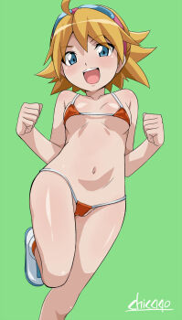 1girl bikini blonde_hair blue_eyes breasts cameltoe chicago-x digimon digimon_universe:_appli_monsters highres itsuki_(digimon) micro_bikini navel open_mouth partially_visible_vulva short_hair small_breasts solo swimsuit