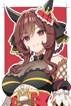 1girl animal_ears bare_shoulders black_skirt braid braided_hair_rings breasts brown_hair cleavage collarbone corset detached_sleeves dress ear_covers earrings gentildonna_(regina_dei_fiori)_(umamusume) gentildonna_(umamusume) grin hair_rings horse_ears horse_girl jewelry large_breasts long_hair looking_at_viewer mauve red_background red_corset red_eyes see-through_cleavage see-through_clothes skirt sleeveless sleeveless_dress smile solo umamusume upper_body