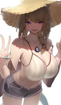 1girl animal_ears aqua_nails aqua_tail arknights bare_shoulders bikini blonde_hair braid breasts brown_bikini cleavage commentary_request cowboy_shot fingernails hat highres huge_breasts jewelry long_fingernails looking_at_viewer navel necklace nemofurai official_alternate_costume open_mouth pendant purple_eyes short_shorts shorts smile solo stomach straw_hat striped_bikini striped_clothes sun_hat swimsuit tail utage_(arknights) utage_(summer_flowers)_(arknights) vertical-striped_bikini vertical-striped_clothes white_background
