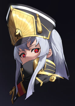 1girl absurdres altair_(re:creators) black_background black_hat closed_mouth commentary english_commentary from_below gold_trim hat high_collar highres lion_head_(ornament) long_hair looking_at_another looking_at_viewer military_uniform mkrk_mikaerukung portrait re:creators red_eyes shako_cap sidelocks solo sparkle twintails v-shaped_eyebrows white_hair