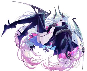 Rule 34 | 1girl, ass, bat wings, black thighhighs, breasts, candy, commentary request, emoillu, fate/grand order, fate (series), food, gradient hair, green eyes, large breasts, lilith (fate), lilith (second ascension) (fate), lollipop, long hair, looking at viewer, multicolored hair, pink hair, thighhighs, thighs, very long hair, white hair, wings