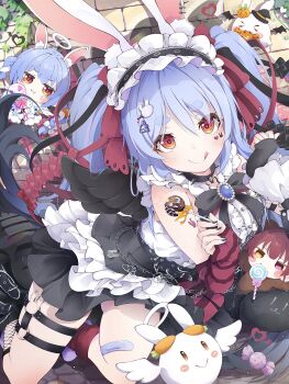 1girl :q animal_ears asymmetrical_legwear black_hair black_skirt black_wings blue_bow blue_bowtie blue_gemstone blue_hair blue_nails bow bowtie brooch candy center_frills choker commentary_request detached_sleeves facial_mark fake_wings fingerless_gloves fishnet_socks fishnets food frilled_hairband frills gem gloves gradient_hair hair_ornament hair_ribbon hairband heart heart_facial_mark high-waist_skirt highres holding holding_candy holding_food holding_lollipop hololive houshou_kumarine houshou_marine jewelry jirai_kei knr_rer layered_skirt licking_lips lolita_hairband lollipop long_hair mark_under_eye mismatched_legwear multicolored_hair nail_polish o-ring o-ring_thigh_strap official_alternate_costume official_alternate_hair_length official_alternate_hairstyle orange_eyes pekomon_(usada_pekora) rabbit-shaped_pupils rabbit_ears rabbit_hair_ornament rabbit_o-ring red_ribbon ribbon science_adventure shirt single_detached_sleeve single_fingerless_glove single_wing skirt socks spiked_choker spikes steins;gate symbol-shaped_pupils thick_eyebrows thigh_strap tongue tongue_out twintails underbust usada_pekora usada_pekora_(11th_costume) very_long_hair virtual_youtuber white_shirt wings