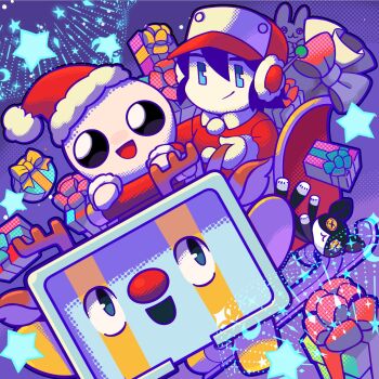 3boys android animal_ears antlers artist_request balrog_(cave_story) baseball_cap black_eyes black_hair black_mask blue_eyes bow box button_eyes buttons character_doll christmas closed_mouth colored_skin commentary company_connection crescent crossover deer_ears doll doukutsu_monogatari english_commentary fur-trimmed_headwear fur-trimmed_sleeves fur_trim gift gift_box guppy_(the_binding_of_isaac) hair_between_eyes halftone halftone_background hat highres horns isaac_(the_binding_of_isaac) long_sleeves multiple_boys no_nose no_sclera official_art open_mouth pom_pom_(clothes) purple_background quote_(cave_story) red_bow red_hat red_nose red_shirt red_sleeves reindeer_antlers robot robot_boy robot_ears sack santa_costume santa_hat second-party_source shirt short_hair sleigh smile star_(symbol) stuffed_animal stuffed_cat stuffed_rabbit stuffed_toy the_binding_of_isaac thick_lineart tongue upturned_eyes white_skin