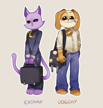 2boys :&lt; :3 animal_ears bag bandaid bandaid_on_cheek bandaid_on_ear bandaid_on_face barefoot black_sclera black_shirt blue_jeans blue_pants blush cat_boy cat_ears cat_tail catnap_(poppy_playtime) character_name closed_mouth colored_sclera commentary_request dark_purple_fur denim dog_boy dog_ears dogday_(poppy_playtime) dress_shirt flower full_body hand_in_pocket happy highres holding holding_bag holding_flower humanization jeans jewelry looking_at_viewer looking_up male_focus moon_(ornament) moon_necklace multicolored_fur multiple_boys necklace orange_fur pants poppy_playtime purple_fur purple_pants shirt shoulder_bag smile smiling_critters standing sun_(ornament) sun_necklace sun_symbol tagme tail turtleneck turtleneck_shirt white_eyes white_shirt yellow_fur