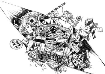 3girls absurdres anger_vein angry animal_ears animal_hat cat_ears chen chinese_commentary cigarette closed_mouth commentary_request folding_fan gap_(touhou) greyscale hand_fan hat highres holding holding_cigarette holding_fan mob_cap monochrome monster multiple_girls road_sign sign smile smoke sunglasses tabard touhou traffic_cone train translation_request xiao'an_de_kaoroufan yakumo_ran yakumo_yukari yin_yang yin_yang_print