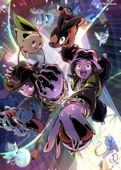 1boy 1girl black_hair chikorita dragonite gen_1_pokemon gen_2_pokemon gen_5_pokemon gen_6_pokemon harmony_(pokemon) hawlucha highres jacket kakashino_kakato long_sleeves malamar mega_dragonite mega_hawlucha mega_malamar mega_pokemon mega_victreebel nintendo open_clothes open_mouth paxton_(pokemon) pokemon pokemon_(creature) pokemon_legends:_z-a shirt short_hair smile tentacles tepig totodile victreebel