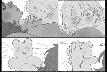 bed blush bra breast_hold breast_sucking breasts closed_eyes greyscale gundam gundam_suisei_no_majo jewelry looking_at_another medium_breasts milfcookiesimp miorine_rembran monochrome nipples nude pov ring sequential sex stuffed_animal stuffed_toy suletta_mercury teddy_bear underwear wedding_ring wife_and_wife yuri