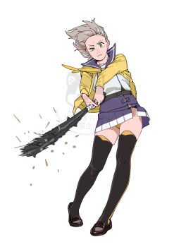 1girl absurdres beans black_thighhighs breasts cleavage club club_(weapon) full_body green_eyes grey_hair highres hitting jacket kanabou kantai_collection kinugasa_(kancolle) kinugasa_kai_ni_(kancolle) medium_breasts medium_hair official_alternate_costume ojipon one_eye_closed panties purple_sailor_collar purple_shirt sailor_collar sailor_shirt school_uniform serafuku shirt simple_background solo spiked_club standing thighhighs underwear weapon white_background white_shirt yellow_jacket yellow_panties