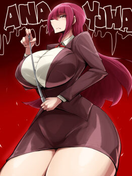 1girl annoyed breasts brown_eyes cowboy_shot female_focus highres huge_breasts looking_at_viewer mumumu_(three_emu) original pointer quality red_hair solo teacher thighs