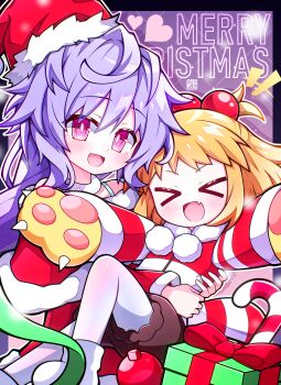 Rule 34 | > <, 2girls, :d, absurdres, aijiro83, animal hands, blush, box, brown pants, candy, candy cane, capelet, choker, christmas, christmas ornaments, commentary, dress, fang, food, gift, gift box, hat, heart, highres, long sleeves, looking at viewer, merry christmas, multiple girls, neptune (series), open mouth, pants, pantyhose, pish, pom pom (clothes), purple eyes, purple hair, pururut, red capelet, red dress, santa hat, shoes, skin fang, smile, white choker, white pantyhose, white shoes