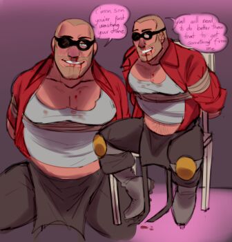 1boy absurdres bara beard_stubble belly blood blood_on_face bound bound_arms buzz_cut chair character_request check_character engineer_(tf2) english_text evil_smile facial_hair goggles highres large_pectorals looking_at_viewer male_focus midriff_peek multiple_views muscular muscular_male mustache_stubble navel_hair on_chair open_clothes open_shirt pectoral_cleavage pectoral_lift pectorals red_engineer_(tf2) short_hair sitting sk7f2 smile stubble team_fortress_2 underbust very_short_hair
