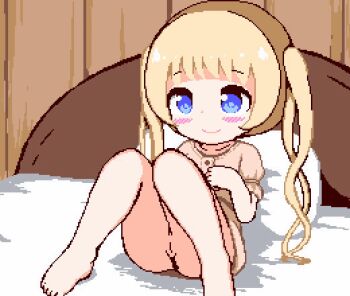 1girl after_vaginal animated animated_gif bed bed_sheet blonde_hair blue_eyes blush bottomless censored cleft_of_venus cum cum_in_pussy cum_overflow cum_pool cumdrip disembodied_penis heart heart-shaped_pupils hetero hinainf loli lying missionary on_back on_bed penis pillow pixel_art presenting pussy sex smile solo_focus spread_legs spread_pussy symbol-shaped_pupils twintails vaginal