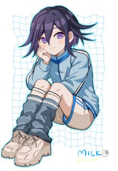 1boy :3 blue_outline blush danganronpa_(series) danganronpa_v3:_killing_harmony flipped_hair grid_background gym_uniform hair_between_eyes highres k24y_ronpa knees_up long_sleeves looking_at_viewer loose_socks male_focus medium_hair oma_kokichi outline purple_eyes purple_hair shoes short_hair shorts simple_background sitting smile sneakers socks solo twitter_username white_shorts