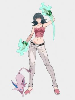 1girl arm_up aura bangle bare_shoulders black_hair body_fur bracelet camisole collarbone crop_top daniel_deng espeon expressionless flipped_hair forehead_jewel forked_tail full_body gem gen_2_pokemon grey_background highres jewelry medium_hair midriff navel nintendo pants pink_camisole pokemon pokemon_(creature) pokemon_hgss purple_fur red_eyes red_gemstone sabrina_(pokemon) short_hair simple_background solo_focus standing tail white_pants