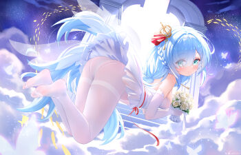 1girl above_clouds absurdres artist_name ass azur_lane bare_shoulders blue_eyes blue_hair bouquet bow breasts bug butterfly chinese_commentary closed_mouth cloud cloudy_sky commentary_request crown dated dress elbow_gloves feet fine_fabric_emphasis fish flower flying full_body gate gloves hair_bow hair_over_one_eye highres holding holding_bouquet insect janus_(azur_lane) jewelry key key_necklace long_hair looking_at_viewer medium_breasts mini_crown necklace paid_reward_available panties panties_under_pantyhose pantyhose qian_hen red_ribbon ribbon ring rose see-through_clothes see-through_gloves signature sky smile soles solo star_(sky) starry_sky toes underwear very_long_hair waist_ribbon wedding_dress wedding_ring white_bow white_dress white_flower white_gloves white_panties white_pantyhose white_rose