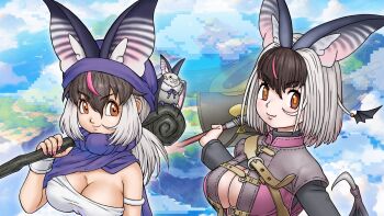 animal animal_ears bat_(animal) bat_ears bat_girl bat_wings bow bowtie breasts brown_eyes brown_hair brown_long-eared_bat_(kemono_friends) cleavage cloak commentary_request dragon_quest dragon_quest_v dragon_quest_xi dress extra_ears glasses grey_hair highres jacket kemono_friends kemono_friends_v_project large_breasts long_hair looking_at_viewer multicolored_hair parody poporu_(kemono_friends) short_hair streaked_hair upper_body virtual_youtuber wand wings yoshizaki_mine