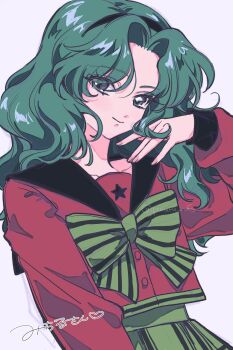 Rule 34 | 1girl, absurdres, aqua eyes, aqua hair, bishoujo senshi sailor moon, bow, bowtie, commentary request, green bow, green bowtie, green skirt, highres, kaiou michiru, long hair, looking at viewer, mugen gakuen school uniform, pururu ru6, red shirt, school uniform, shirt, signature, simple background, skirt, solo, striped bow, striped bowtie, striped clothes, white background