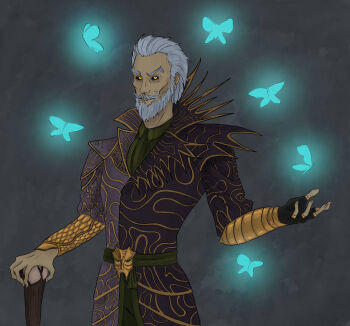 Rule 34 | 1boy, black sclera, blue butterfly, bracer, bread, bug, butterfly, cane, colored sclera, commentary, cowboy shot, dress shirt, english commentary, facial hair, food, glowing butterfly, gold embroidery, grey background, hair slicked back, insect, jacket, looking at viewer, male focus, mustache, open hand, ornate clothes, purple jacket, radsnroses, sheogorath, shirt, short sleeves, slit pupils, solo, standing, suit jacket, the elder scrolls, the elder scrolls iv: oblivion, white hair, yellow eyes