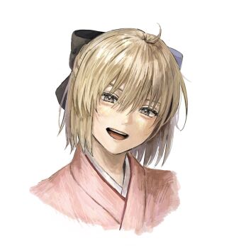 Rule 34 | 1girl, ahoge, black bow, blonde hair, bow, cropped shoulders, fate/grand order, fate (series), grey eyes, hair between eyes, hair bow, head tilt, highres, japanese clothes, kimono, looking at viewer, okita souji (fate), okita souji (koha-ace), open mouth, pink kimono, short hair, smile, solo, taisei sitai, teeth, tongue, upper teeth only