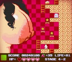 1girl 1other animated black_hair breasts giant giantess head_out_of_frame huge_breasts ladder long_hair milk nipples original pixel_art ryokucha_michi tagme video