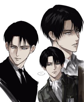 ... 1boy anger_vein black_hair curtained_hair formal_clothes highres levi_(shingeki_no_kyojin) male_focus paradis_military_uniform shingeki_no_kyojin shirt short_hair simple_background solo sso_s suit survey_corps_(emblem) white_background white_shirt