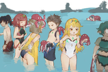 3boys 4girls aged_down anger_vein angry animal animal_ear_fluff animal_ears animal_on_head ass backpack bag blonde_hair brown_hair cat_ears chest_jewel daible dress gloves grey_hair highres holding holding_animal leaning_forward male_swimwear multiple_boys multiple_girls mythra_(radiant_beach)_(xenoblade) mythra_(xenoblade) nia_(fancy_sundress)_(xenoblade) nia_(xenoblade) noah_(xenoblade) octopus official_alternate_costume on_head one-piece_swimsuit open_mouth pandoria_(beach_date)_(xenoblade) pandoria_(xenoblade) partially_submerged ponytail pout pyra_(pro_swimmer)_(xenoblade) pyra_(xenoblade) red_hair rex_(cloud_sea_shark)_(xenoblade) rex_(xenoblade) smile sound_effects sundress swim_trunks swimsuit tentacles tiara water wet wet_clothes wet_hair xenoblade_chronicles_(series) xenoblade_chronicles_2 xenoblade_chronicles_3 zeke_von_genbu_(surfinator)_(xenoblade) zeke_von_genbu_(xenoblade)