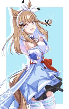 +_+ 1girl absurdres almond_eye_(umamusume) animal_ears blue_dress blue_eyes blue_gloves blush bow bow_hairband braid braided_sidelocks breasts brown_hair cleavage colored_inner_hair commentary_request dress fingernails gloves hair_ornament hairband hairclip highres horse_ears horse_girl horse_tail long_hair looking_at_viewer multicolored_hair open_mouth reaching reaching_towards_viewer simple_background smile solo symbol-shaped_pupils tail thighhighs umamusume white_hairband white_thighhighs x-shaped_pupils xiaofeng