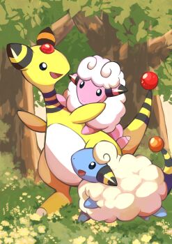absurdres ampharos black_eyes carrying commentary_request flaaffy flower forest gen_2_pokemon grass highres katiwari7293 leaf looking_at_another mareep nature nintendo no_humans open_mouth outdoors piggyback pokemon pokemon_(creature) pokemon_focus smile tree
