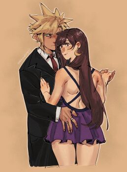 absurdres ass_peek backless_dress backless_outfit bare_arms bare_shoulders black_hair black_jacket blonde_hair blue_eyes blush closed_mouth cloud_strife collared_shirt commentary couple cowboy_shot crescent crescent_earrings cropped_legs dress earrings english_commentary final_fantasy final_fantasy_vii final_fantasy_vii_remake hand_on_another&#039;s_ass highres holding_hands jacket jewelry long_hair looking_at_viewer looking_back necktie purple_dress red_eyes red_necktie ring serious shirt short_dress spiked_hair strawderryst suit_jacket tifa_lockhart tifa_lockhart_(refined_dress) twitter_username white_shirt