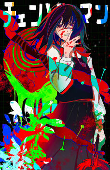 1girl absurdres black_background black_hair black_skirt black_vest blood blood_on_face blue_eyes chainsaw_man commentary_request green_nails grid_background grin highres igurumi_00128 intestines long_hair long_sleeves looking_at_viewer pleated_skirt red_ribbon ribbon shirt short_hair skirt smile solo spiral translation_request vest white_shirt yoru_(chainsaw_man)