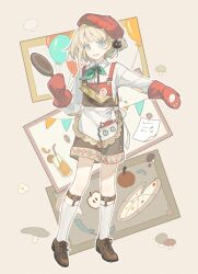 Rule 34 | 1boy, :d, apple, apron, aqua eyes, aqua neckerchief, balloon, beret, bishounen, blonde hair, bob cut, brown background, brown footwear, brown shorts, collared shirt, cup, drinking glass, ezra theodore, food, fruit, frying pan, full body, hat, highres, holding, holding frying pan, kneehighs, legs apart, legwear garter, long sleeves, looking at viewer, male focus, mittens, mushroom, neckerchief, official alternate costume, one side up, open mouth, oven mitts, overall shorts, overalls, pizza, pizza hut, red hat, red mittens, reverse:1999, shirt, short hair, shorts, smile, socks, solo, standing, string of flags, tansuangai fenmo, waist apron, white apron, white shirt, white socks