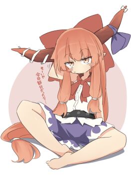 Rule 34 | 1girl, :/, barefoot, blush stickers, bow, closed mouth, commentary request, full body, hair bow, highres, horn bow, horn ornament, horns, ibuki suika, indian style, long hair, looking at viewer, low-tied long hair, oni, orange eyes, orange hair, ro 74, shirt, sitting, skirt, sleeveless, solo, sweatdrop, touhou, two-tone background, white shirt, white skirt