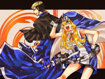 Rule 34 | 2boys, :d, arm at side, arm up, bare arms, bare shoulders, bike shorts, black capelet, black gloves, black shorts, blonde hair, blue coat, blue veil, blue vest, blush, bridget (guilty gear), capelet, closed mouth, coat, cowboy shot, cross, cross print, crossover, dynamic pose, excited, fingerless gloves, floating clothes, genre connection, gloves, goenitz, green eyes, guilty gear, guilty gear xx, guimpe, hair between eyes, hair over one eye, hand on own hip, latin cross, letterboxed, light particles, long sidelocks, looking ahead, looking at viewer, looking back, m.u.g.e.n, male focus, mars symbol, multiple boys, narrowed eyes, neck ribbon, nun, object belt, one eye covered, open mouth, outside border, oversized object, print wrist cuffs, profile, ribbon, sanpaku, shading eyes, shirt, short hair, shorts, sidelocks, sleeveless, sleeveless shirt, sleeves past wrists, smile, teeth, the king of fighters, tobi (discharge cycle), trap, upper teeth only, veil, vest, white shirt, white trim, white wrist cuffs, wrist cuffs, yellow ribbon