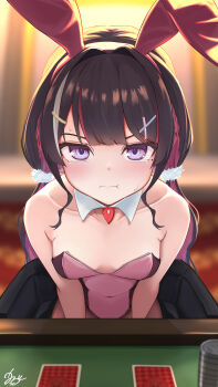 1girl :t absurdres alternate_costume animal_ears artist_name azki_(hololive) bare_shoulders black_hair breasts casino_card_table collarbone commentary_request detached_collar fake_animal_ears hair_ornament highres hishaku_(7stel2ar) hololive leotard light_blush long_hair looking_at_viewer mole mole_under_eye multicolored_hair pink_leotard playboy_bunny purple_eyes rabbit_ears red_hair sitting sweatdrop table tears twintails very_long_hair virtual_youtuber white_hair x_hair_ornament
