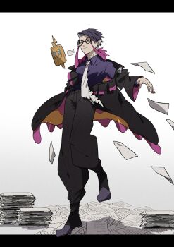 1boy black_coat black_pants closed_mouth coat collared_shirt commentary_request corbeau_(pokemon) full_body gen_4_pokemon glasses highres letterboxed long_sleeves male_focus necktie nintendo omothi_pkmn pants paper pokemon pokemon_legends:_z-a purple_hair purple_shirt rotom rotom_phone shirt short_hair simple_background solo standing white_necktie