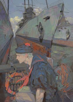 1boy blonde_hair blood bridge carrying cloud cloudy_sky from_side hat highres male_focus mgong520 ocean original outdoors sailor sailor_collar sailor_hat scenery ship sky vehicle_focus walking watercraft