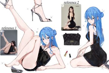 1girl absurdres alternate_costume arm_support armpits bare_legs bare_shoulders barefoot black_dress black_nails blue_eyes blue_hair blush breasts closed_mouth collarbone commentary dress english_commentary feet foot_focus full_body hair_between_eyes hair_bun high_heel_sandals high_heels highres hololive hoshimachi_suisei legs long_hair looking_at_viewer multiple_views nail_polish one_side_up photo-referenced photo_inset reference_inset sandals seiza short_dress simple_background single_sandal single_side_bun sitting sketch sleeveless sleeveless_dress small_breasts sparkle stiletto_heels strappy_heels toenail_polish toenails toes virgo76612871 virtual_youtuber white_background